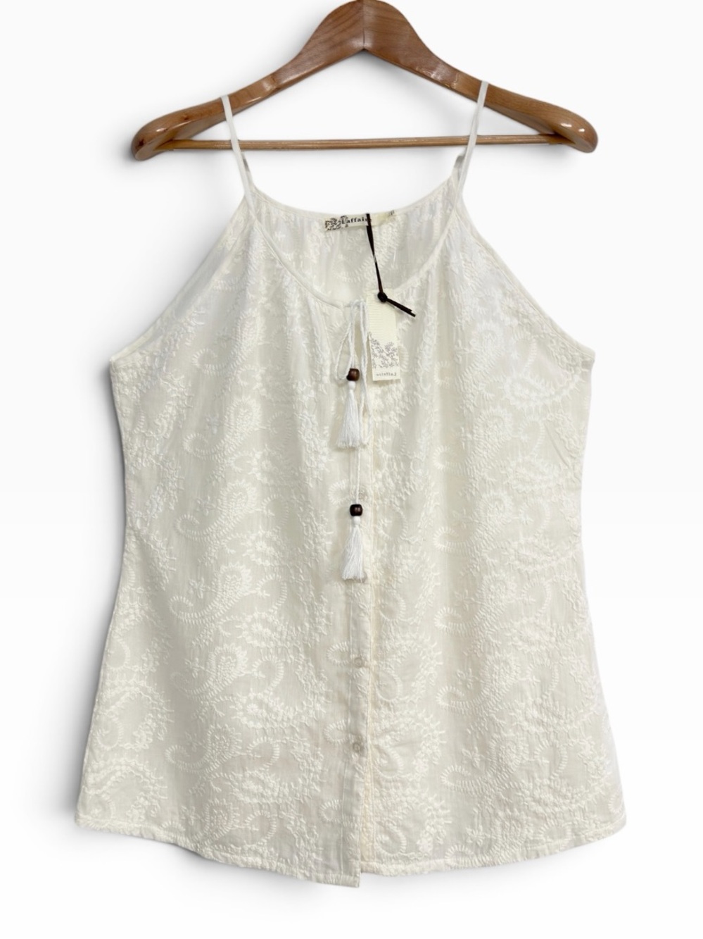 L’affaire White Embroidered Spaghetti Strap Tassel Button Boho Tank Top L NWT
